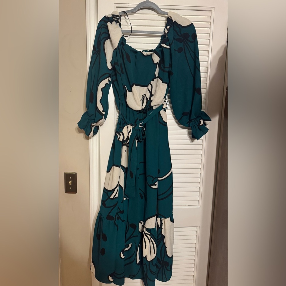 Premier Teal and Cream Long Sleeve Off the Shoulder Dress